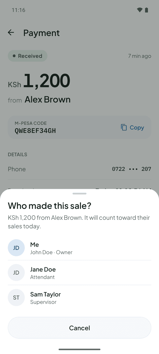 The Who made this sale? sheet, listing the owner and each team member.