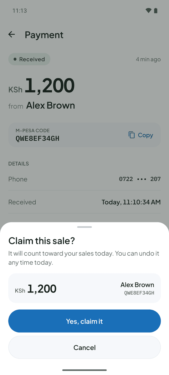The Claim this sale confirmation, showing the amount, payer and code, with the buttons Yes, claim it and Cancel.