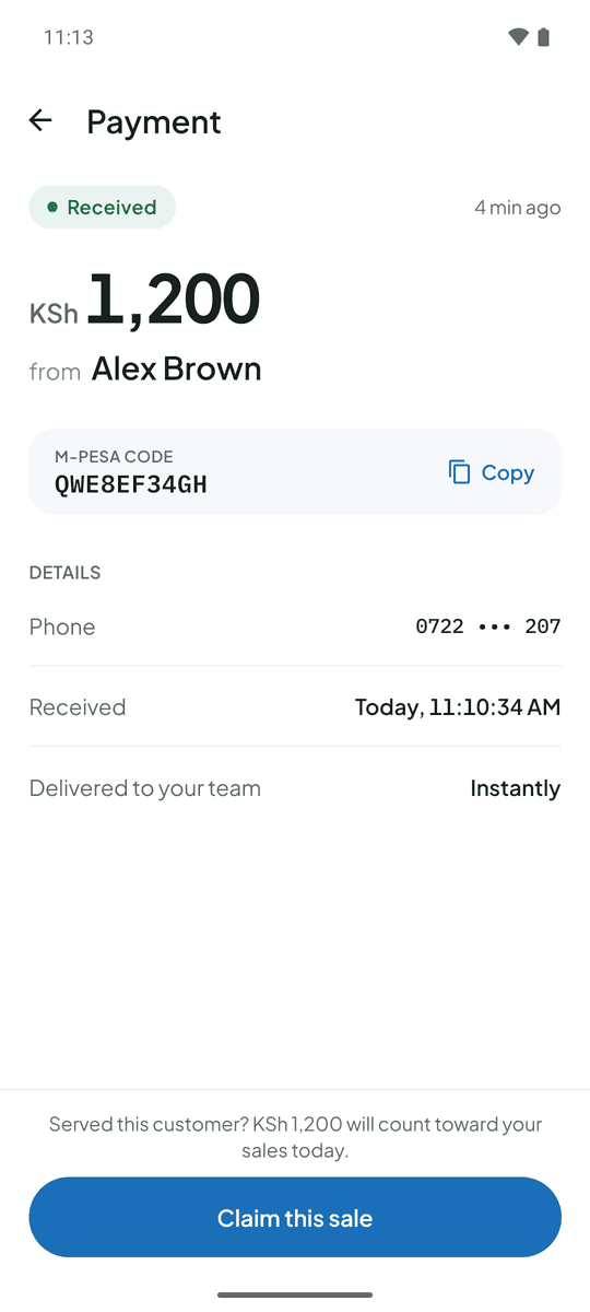 A payment’s details: KSh 1,200 from Alex Brown, the M-Pesa code with a Copy button, the masked phone number, and a Claim this sale button.