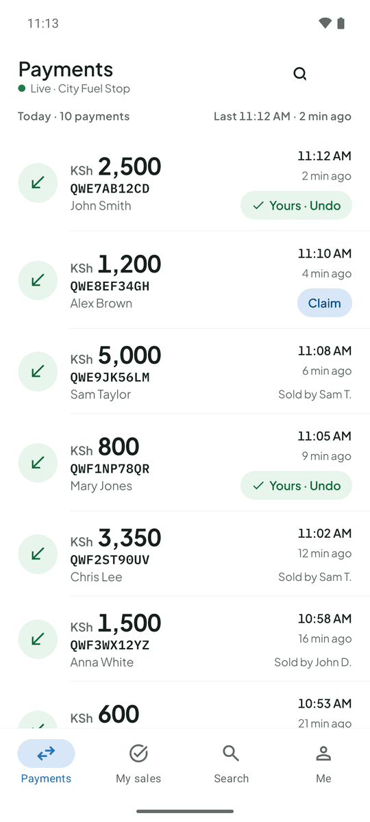 The Payments list on an attendant’s phone. Each payment shows its amount, M-Pesa code, payer’s name and time, with a Claim button or the name of whoever sold it.