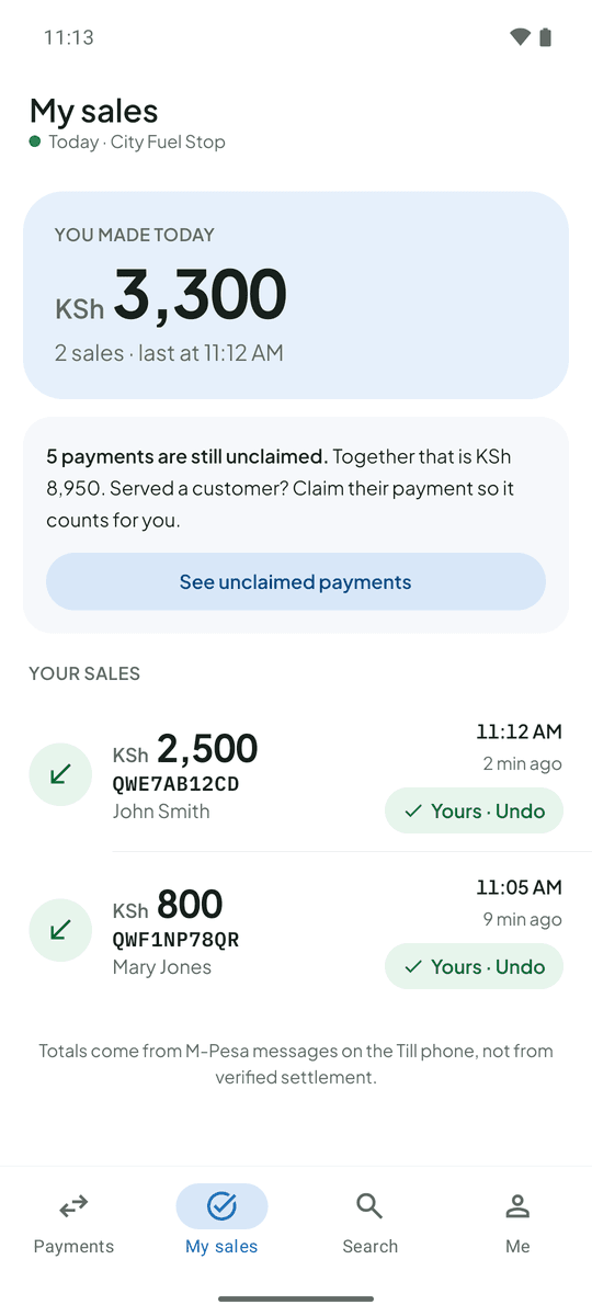 The My sales page: what the attendant made today, how many sales, and the payments they claimed.