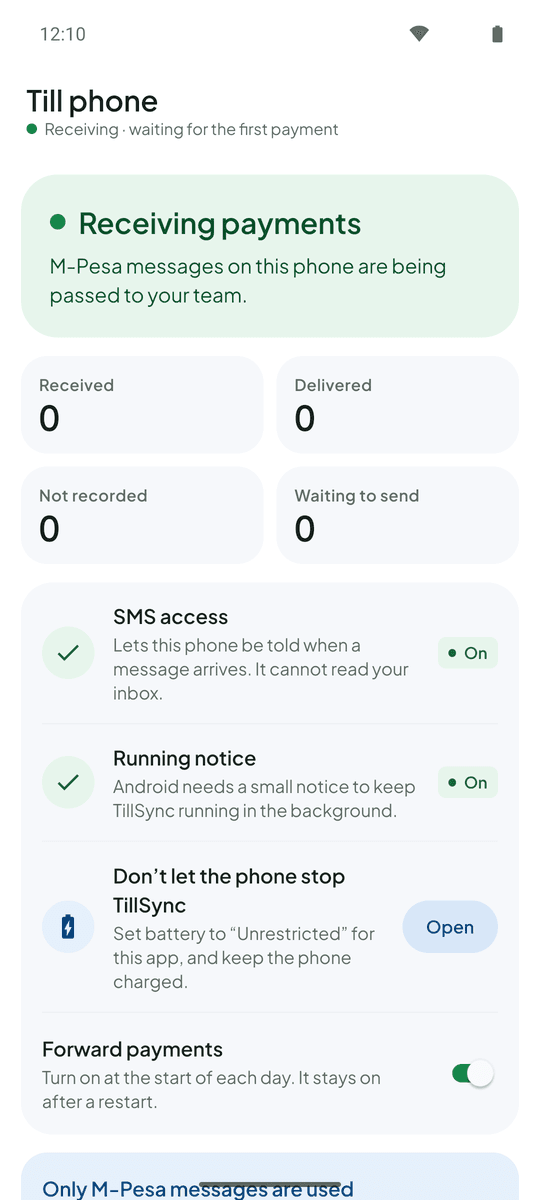 The Till phone screen: Receiving payments, with SMS access and the running notice switched on.